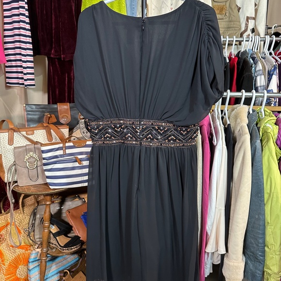 Y2K Black Short Sleeve Flowy Dress Crystal & Beaded Waist Size 12 P2P 20-21” - Picture 5 of 5